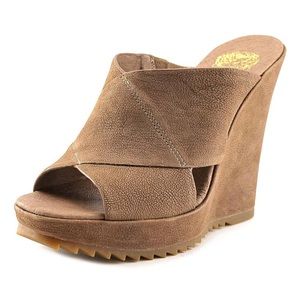 Womens Vince Camuto Garton Wedge Peep Toe Slide Sandals - Taupe